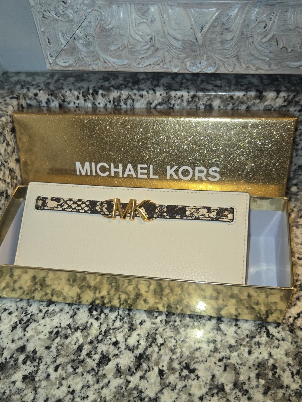 MK Cream Women's Long Wallet with Black Accent and Gold Hardware
